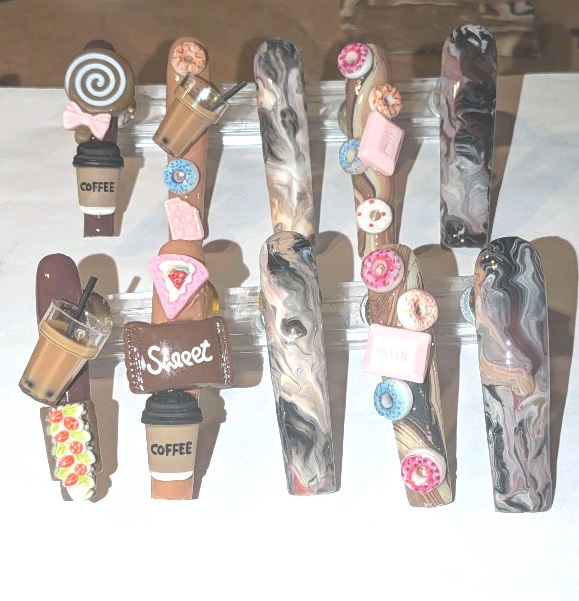 Hand Crafted 3Xl Java Marble Brown & Pink 3D Dessert Press-On Nails Sz Large