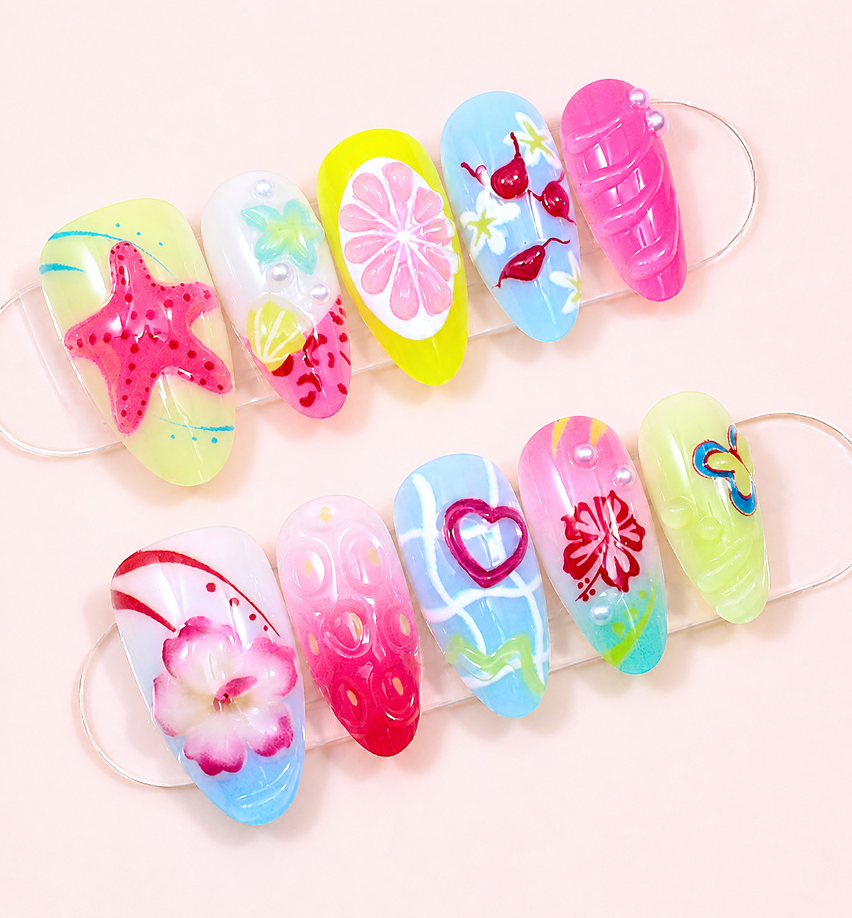 24pcs/ Pack Spring Summer Beach Shell Nail Art | 3D Designs Medium Almond Shape
