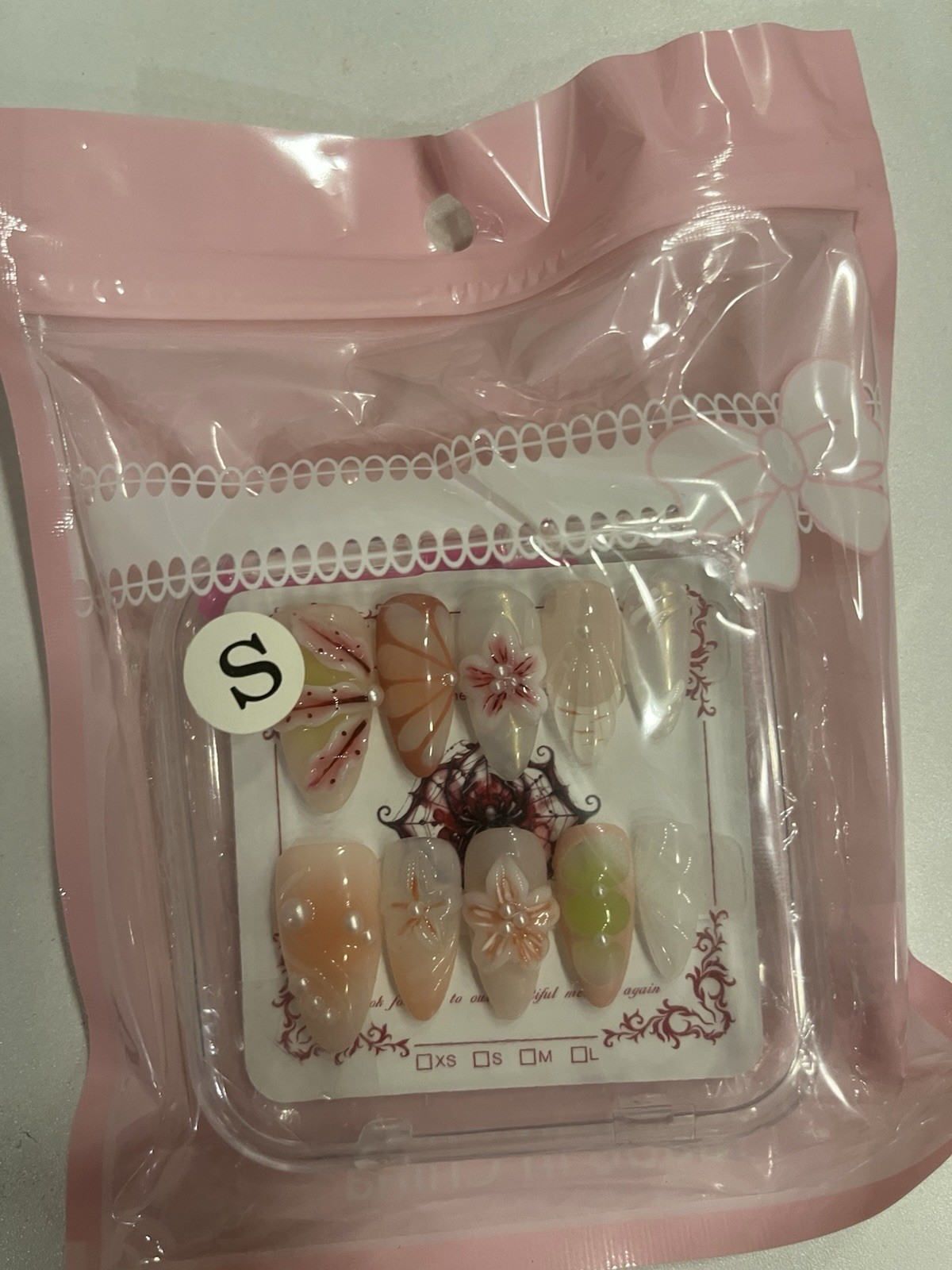 Floral 3D Almond Press-On Nails Set, Medium Pre-Designed White Nude Pink Green