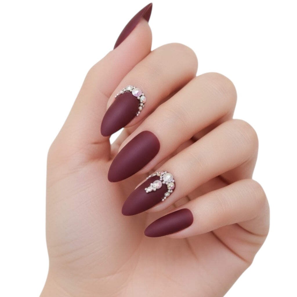 Diamond Red Burgundy 3D Crystal Design Matte Stiletto Long Press On Nails Set