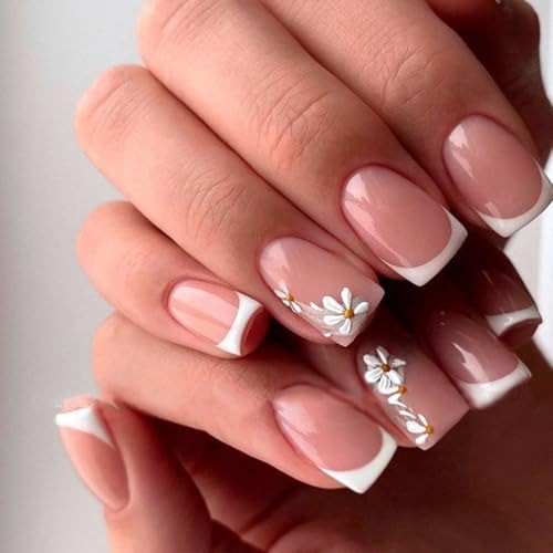 French Nude Press On Nails Short Square, Summer Fake Nails with White French …