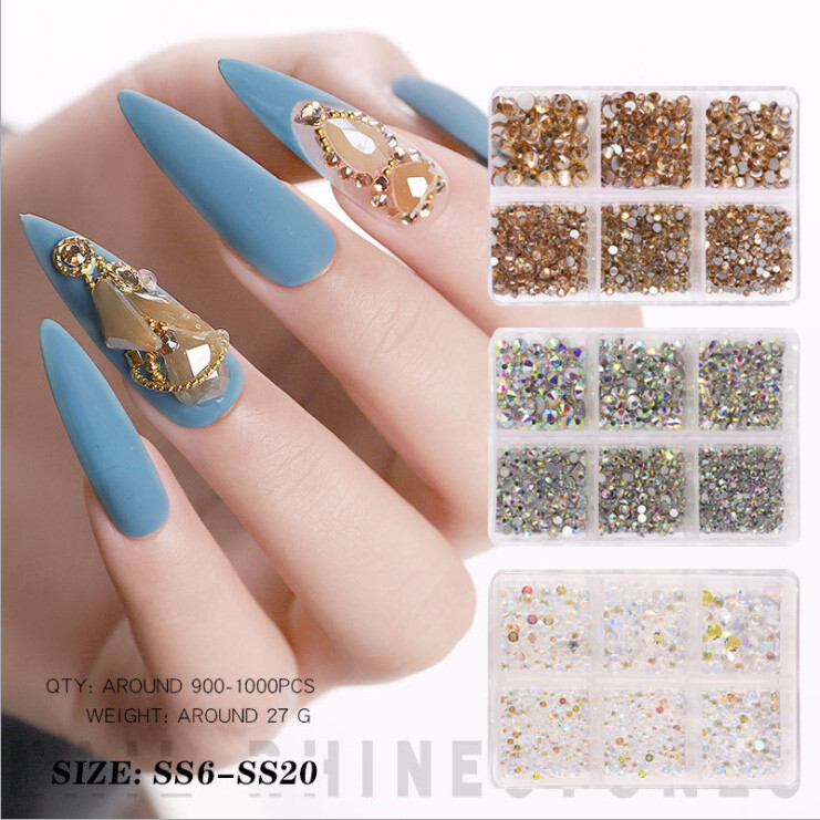 1 Box Mixed Size Glass Nail Art Rhinestones Flatback AB Crystal 3D Gem Manicure