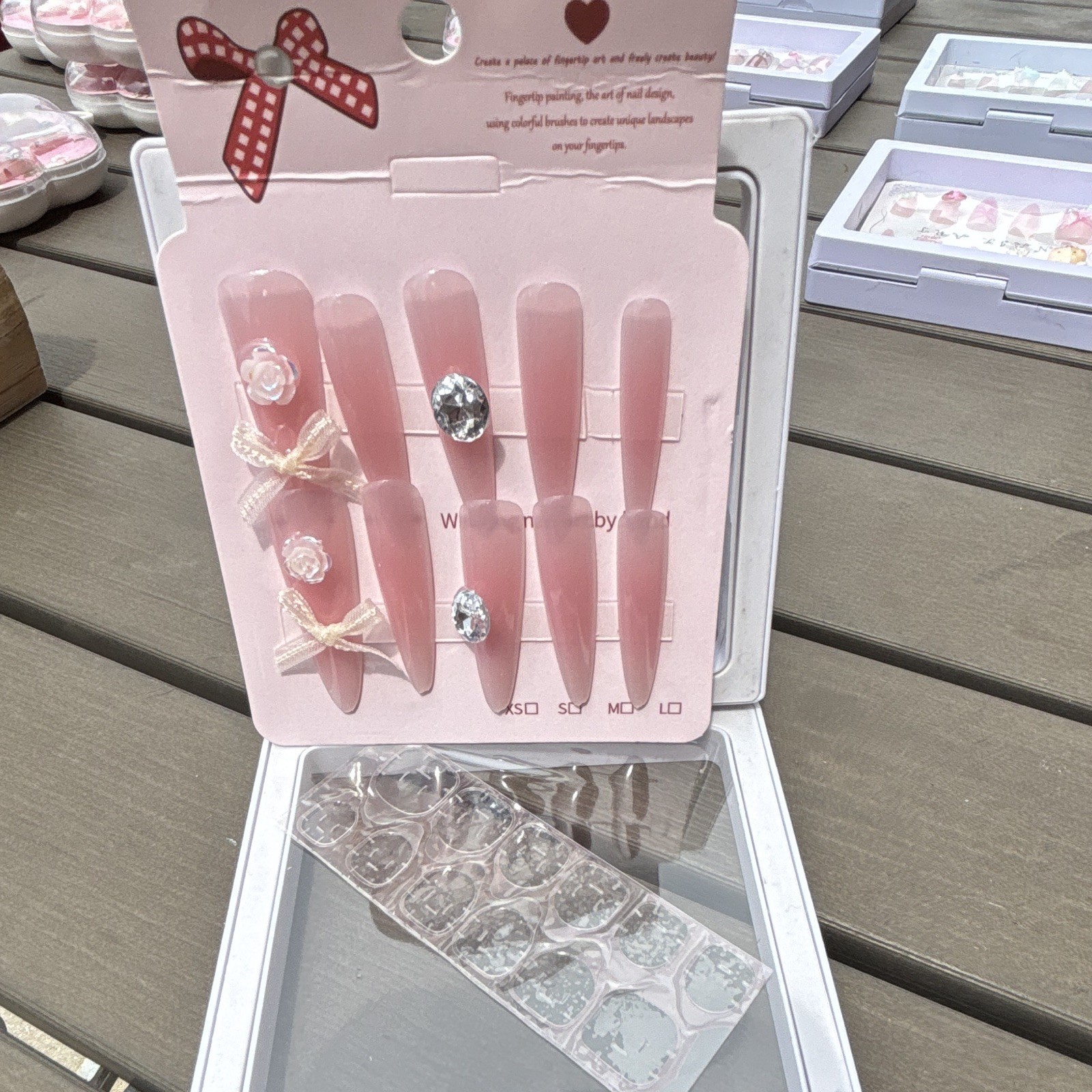 Pink Long Coffin Press-On Nails Self-Adhesive Pre-Designed Shiny Rhinestone Bows
