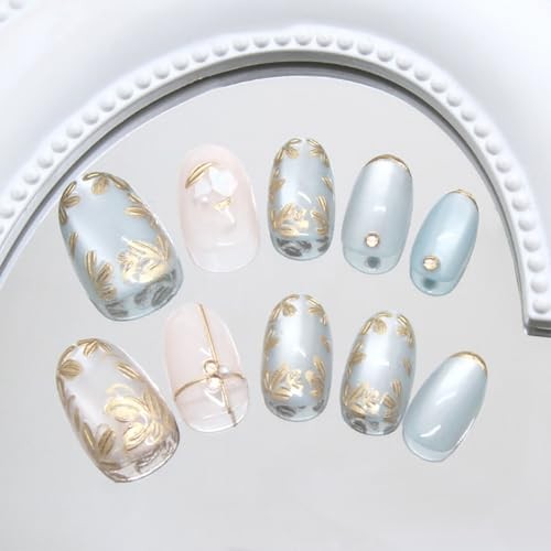 24Pcs Flower Press on Nails – Short Almond Fake Nails – 19