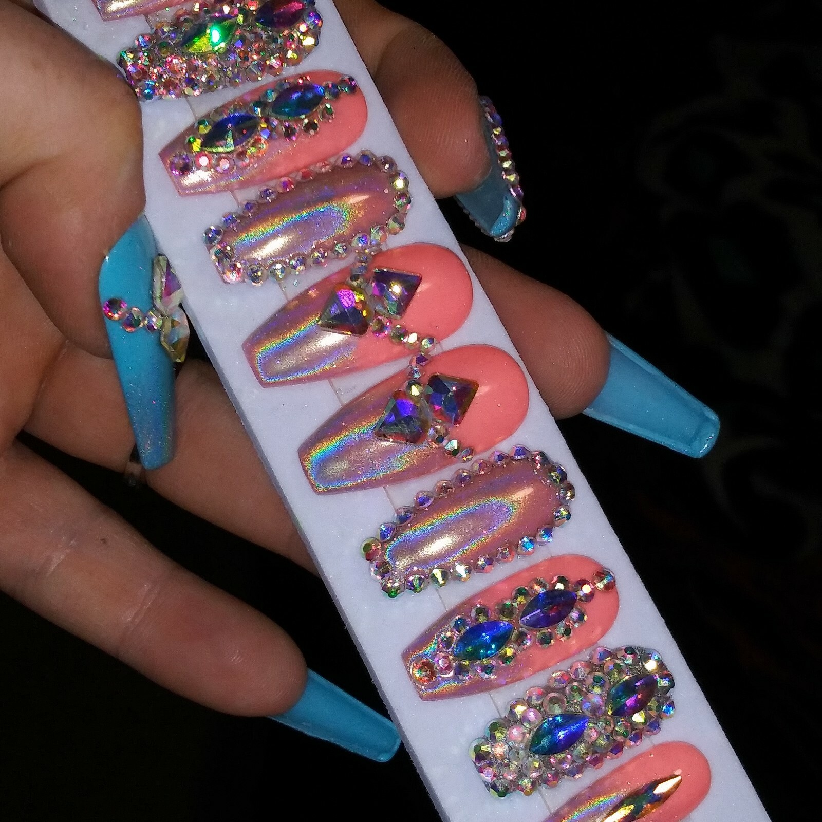 bling coral holographic press on nails coffin crystal diamond chrome metallic