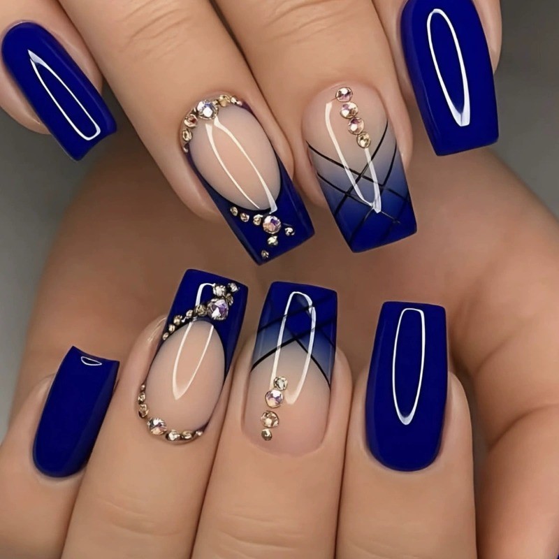 96PCS Luxury Blue White Diamond Black Gold Marble Pressure Nails Reusable Nail
