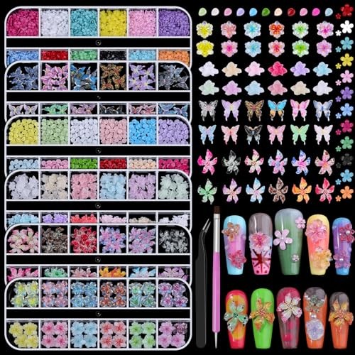 6 Boxes 3D Flower Nail Charms, Colorful Hibiscus Nails Ice Translucent Flower