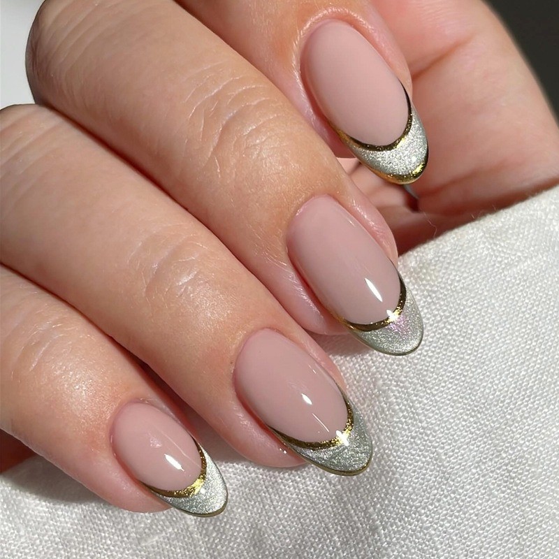48pcs-Elegant Nude Nails, Almond with Silver Glitter French Tips and Gold Line
