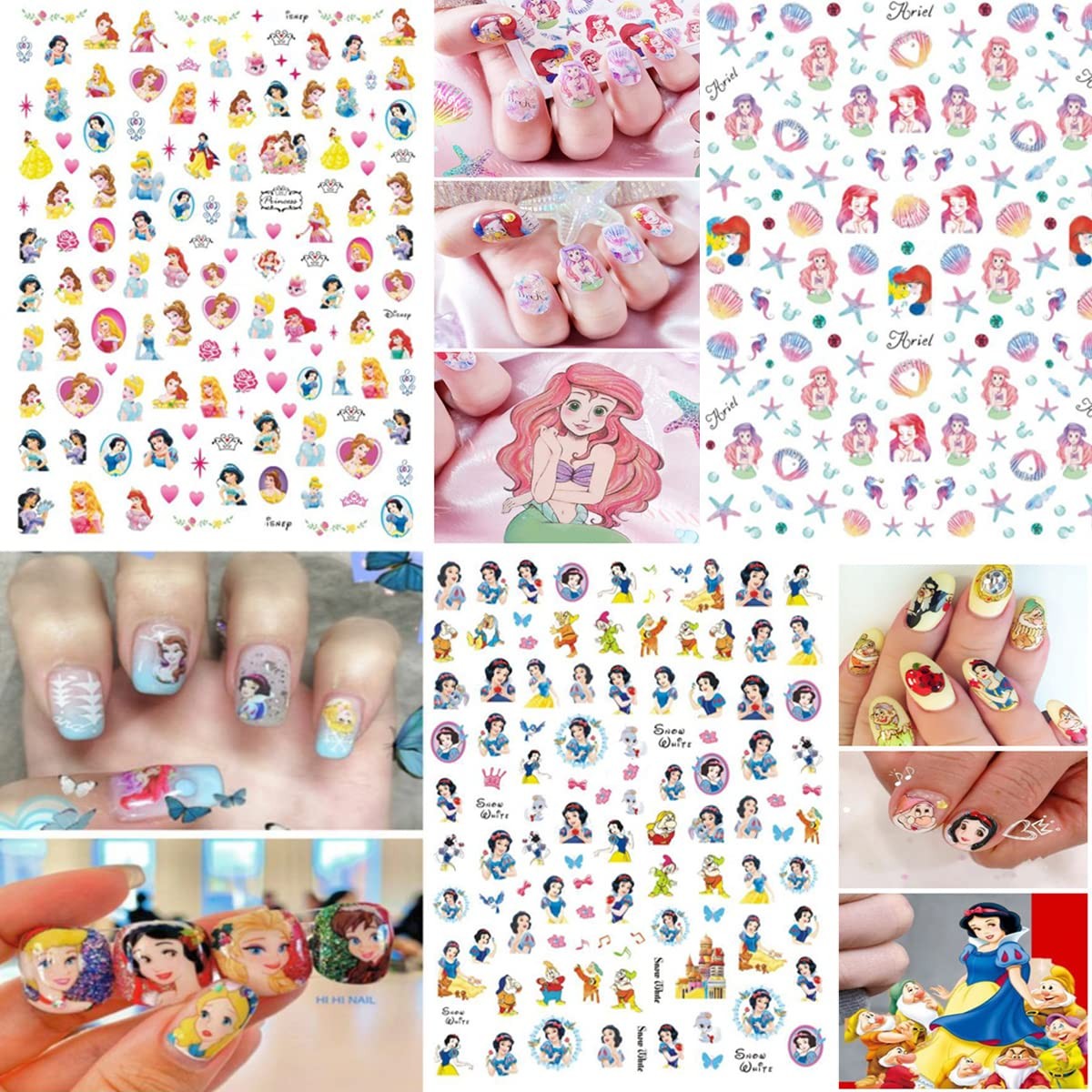 8 Sheets Cute Cartoon Nail Art Stickers Decals 3D Adhesive Kawaii Mermaid Des…
