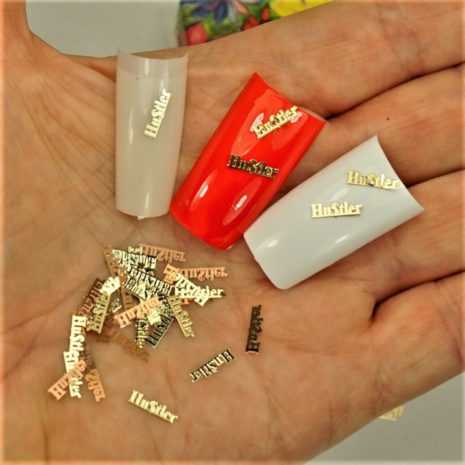 25 GOLD METAL “HUSTLER” NAIL CHARMS NAIL DECALS SMALL GIFT IN BOX FOR WOMEN