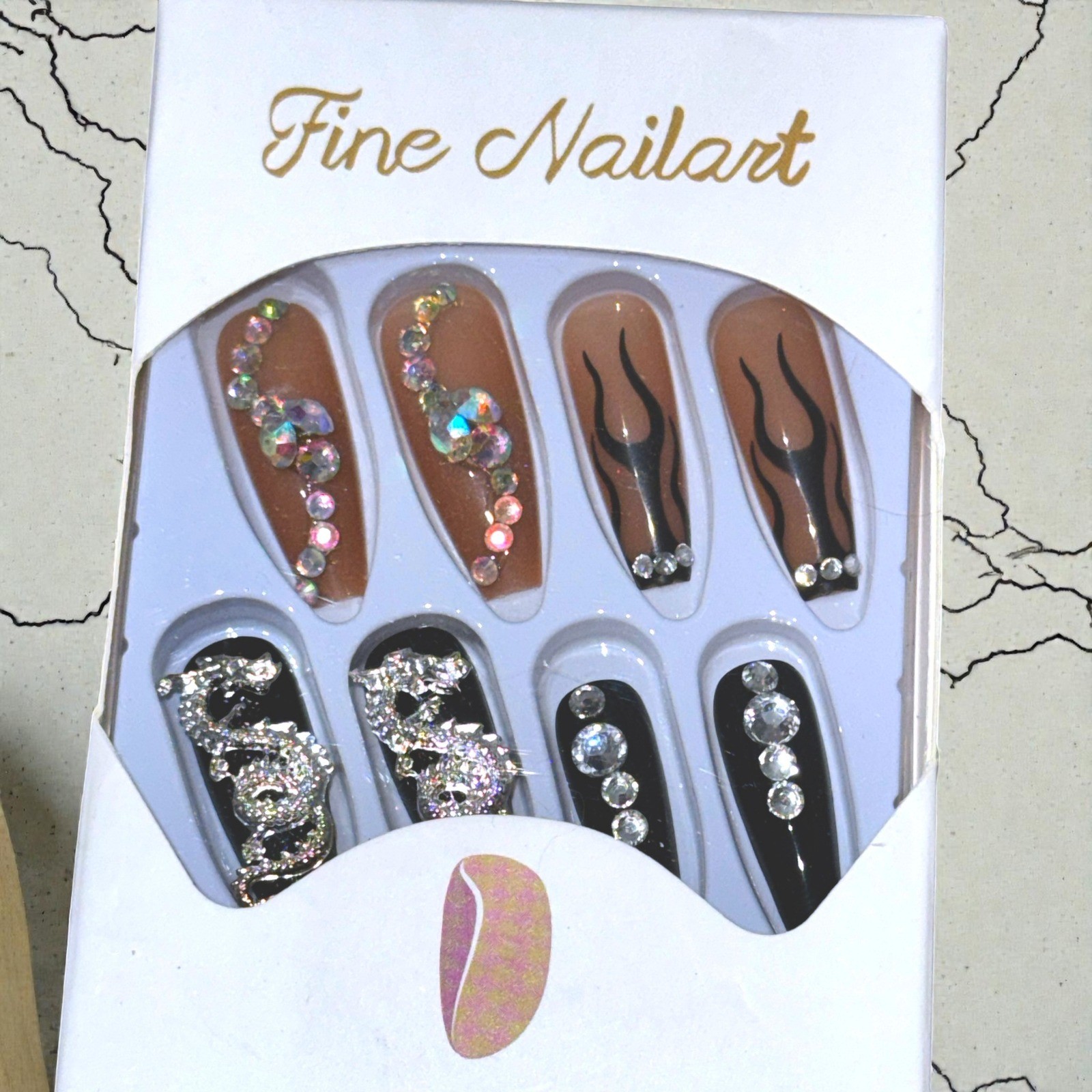 6 Sets Press On False Nails Bundle Y2K Gothic Dragon French Tip Floral Art