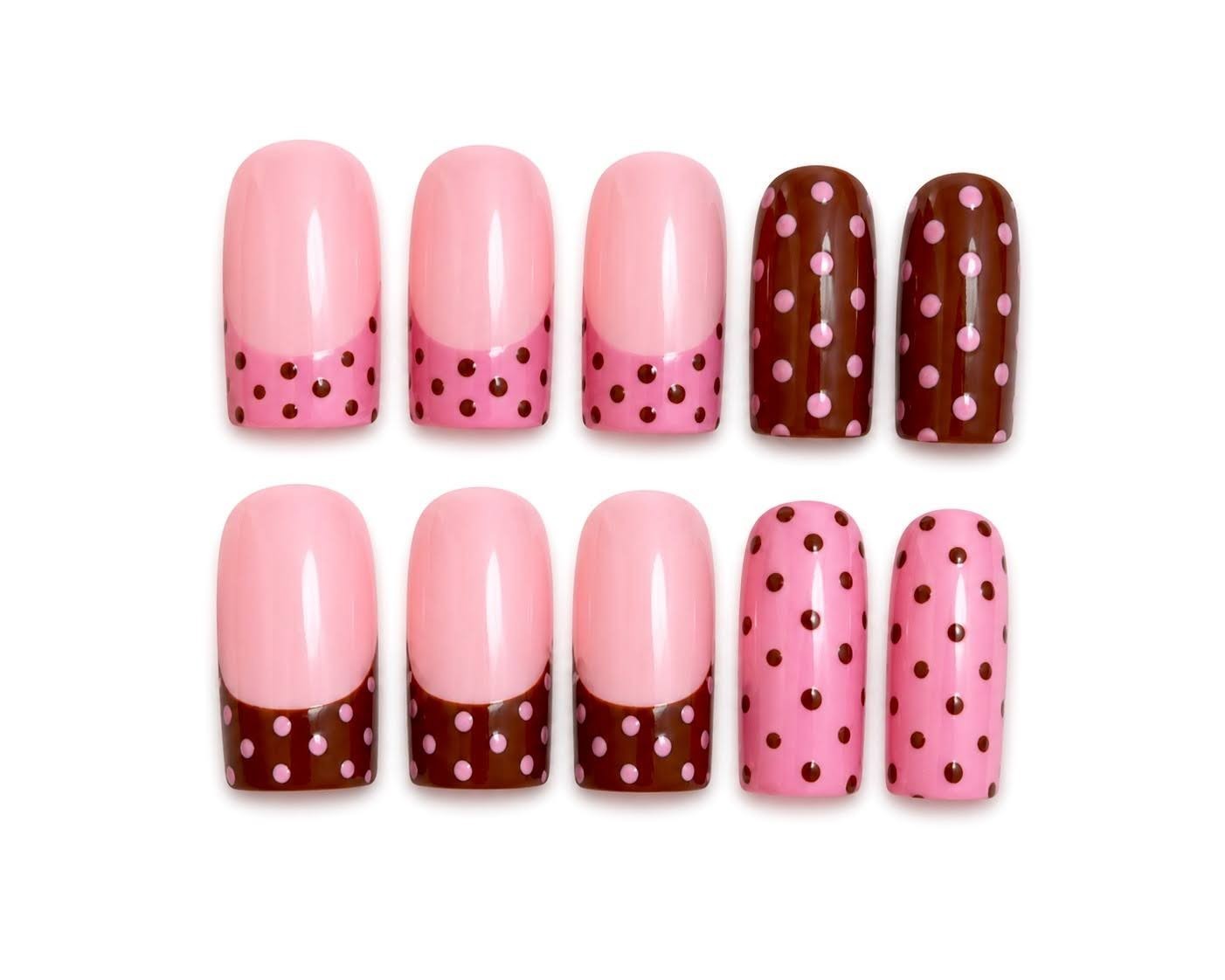 Pink Chocolate Polka Dot French Tip Press-On Nails | Glossy Handmade Reusable