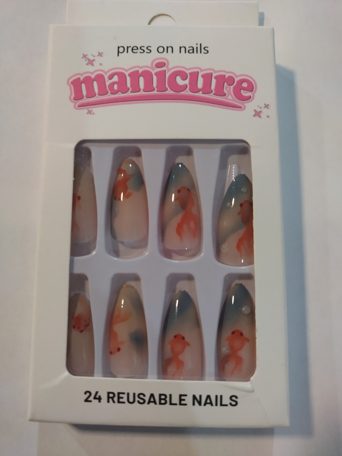 Gold Fish Press On Nails Long Almond