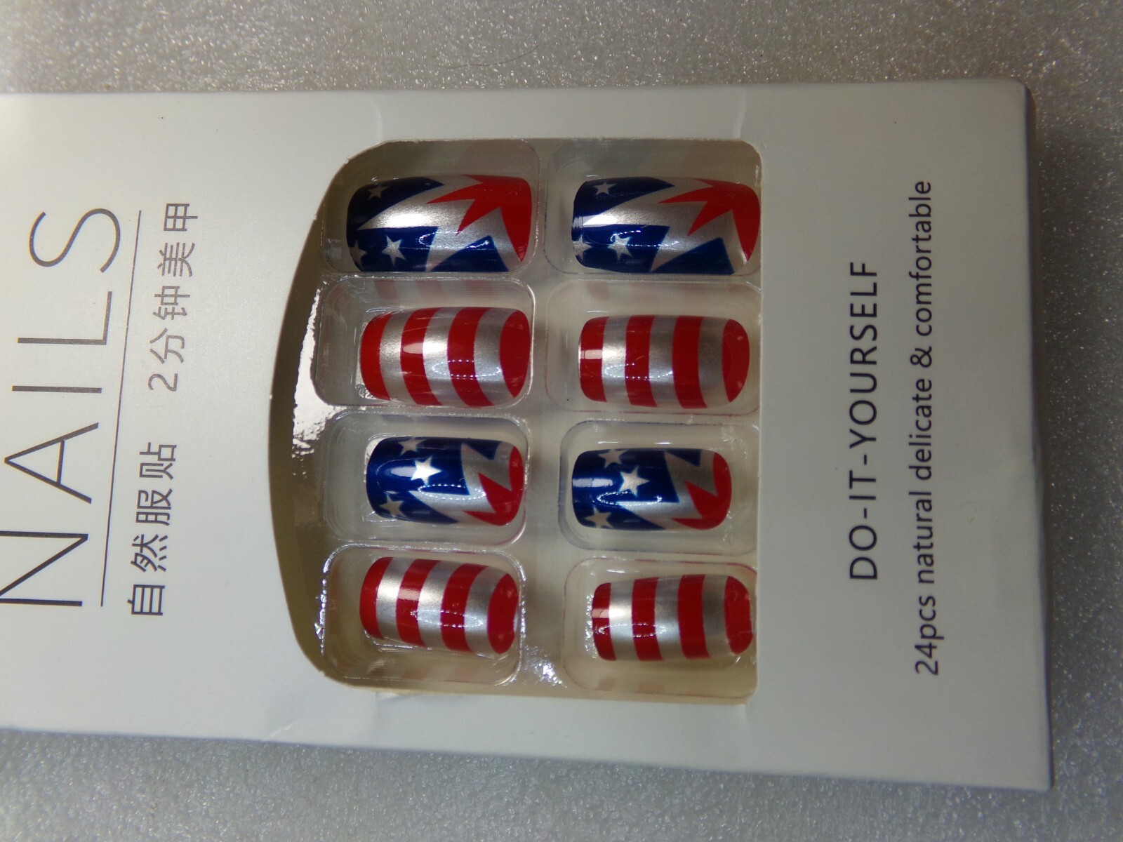 Adorable 4th of July Nails Metal Finish Red Silver & Blue GLUE ON Medium