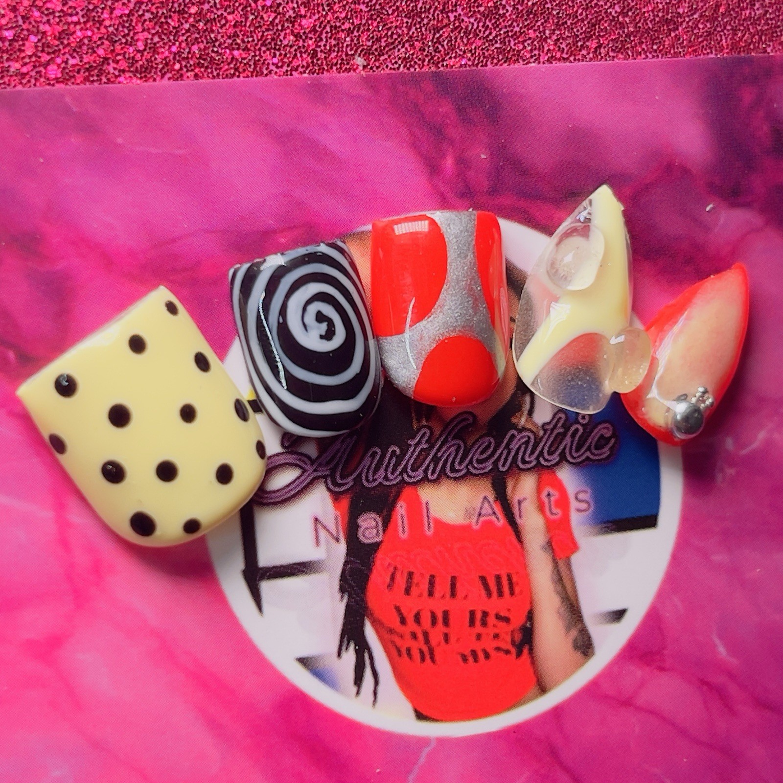 Square Stiletto Press-On Nails Yellow Red 3D Shiny by Authentic Nail Arts by Dia