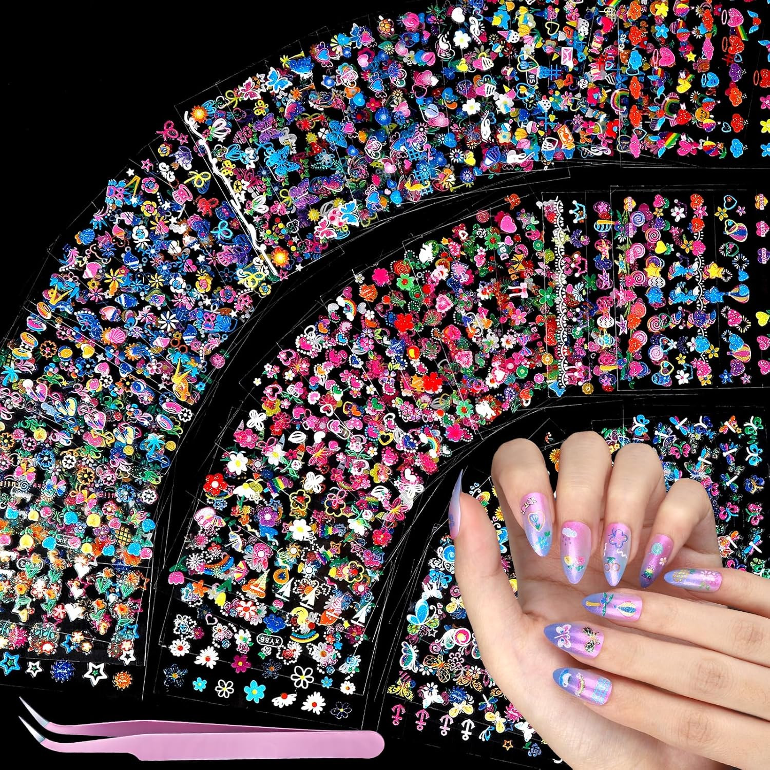 50 Sheets Nail Stickers for Nail Art, Colorful Flower Nail Art Stickers for Kids