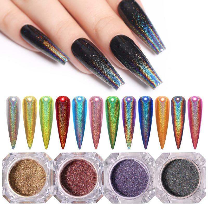 HOLOGRAPHIC UNICORN NAIL POWDER CHROME SHIMMER 12 COLOURS MIRROR GLITTER PIGMENT