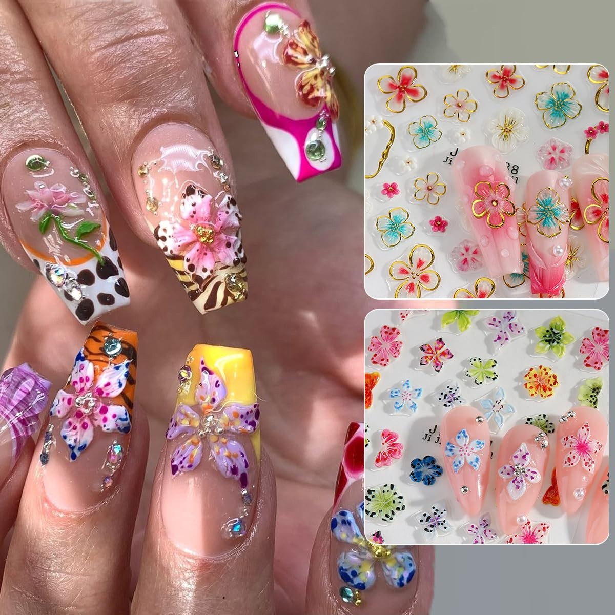 Flower Nail Stickers for Nail Art, 5D Embossed Hibiscus Nail Decals Pink White L