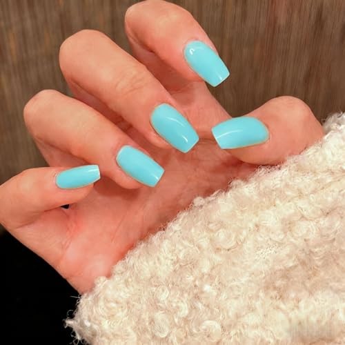 Teal Blue Press On Nails Medium Square, Handmade Soft Gel Fake Nails teal blue