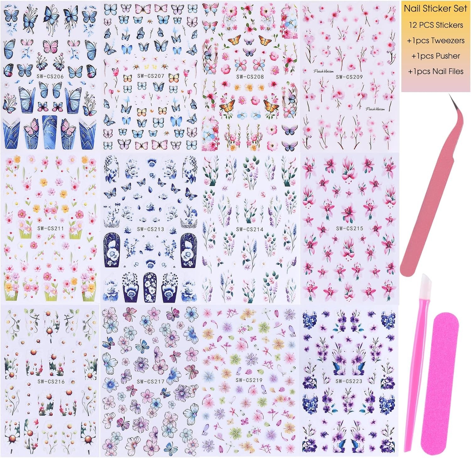 Colorful Flower Nail Art Decals 12 Sheets with Tweezers for Spring Nails