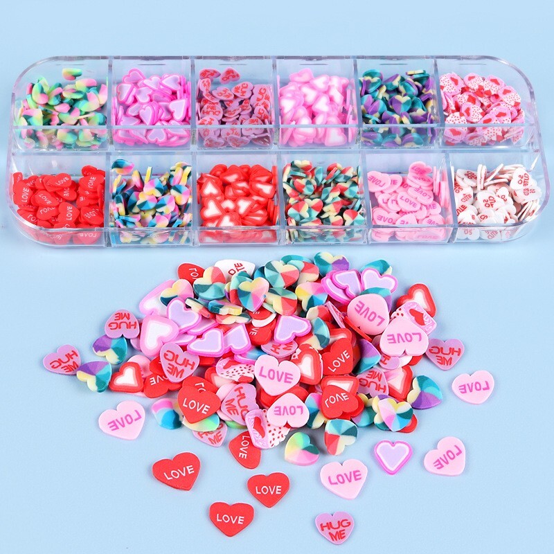 12 Grids Nail Art Mixed Heart LOVE Slices Polymer Clay Flakes DIY Nails Decora