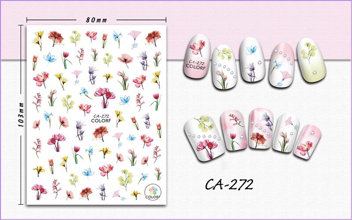 Nail art 3D stickers decal red tulips yellow blue pink flowers CA272