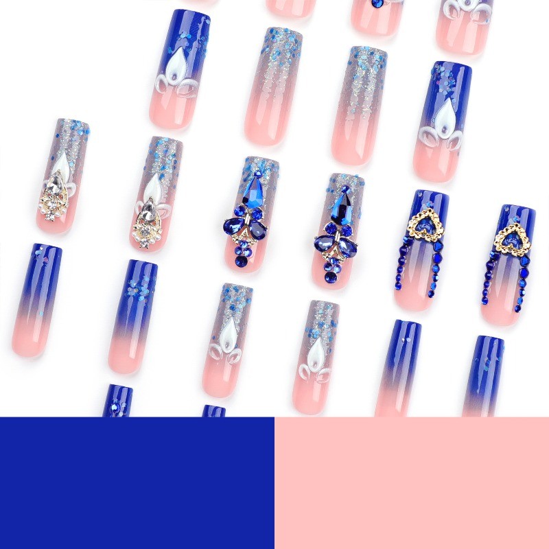 24pcs Luxury Bling Nails Press on Coffin with Blue Ombre and 3D Gem Accents