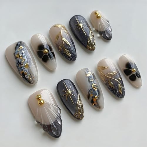 30Pcs Fall Press on Nails Medium Almond Black French Tip Fake Flower Nails-12