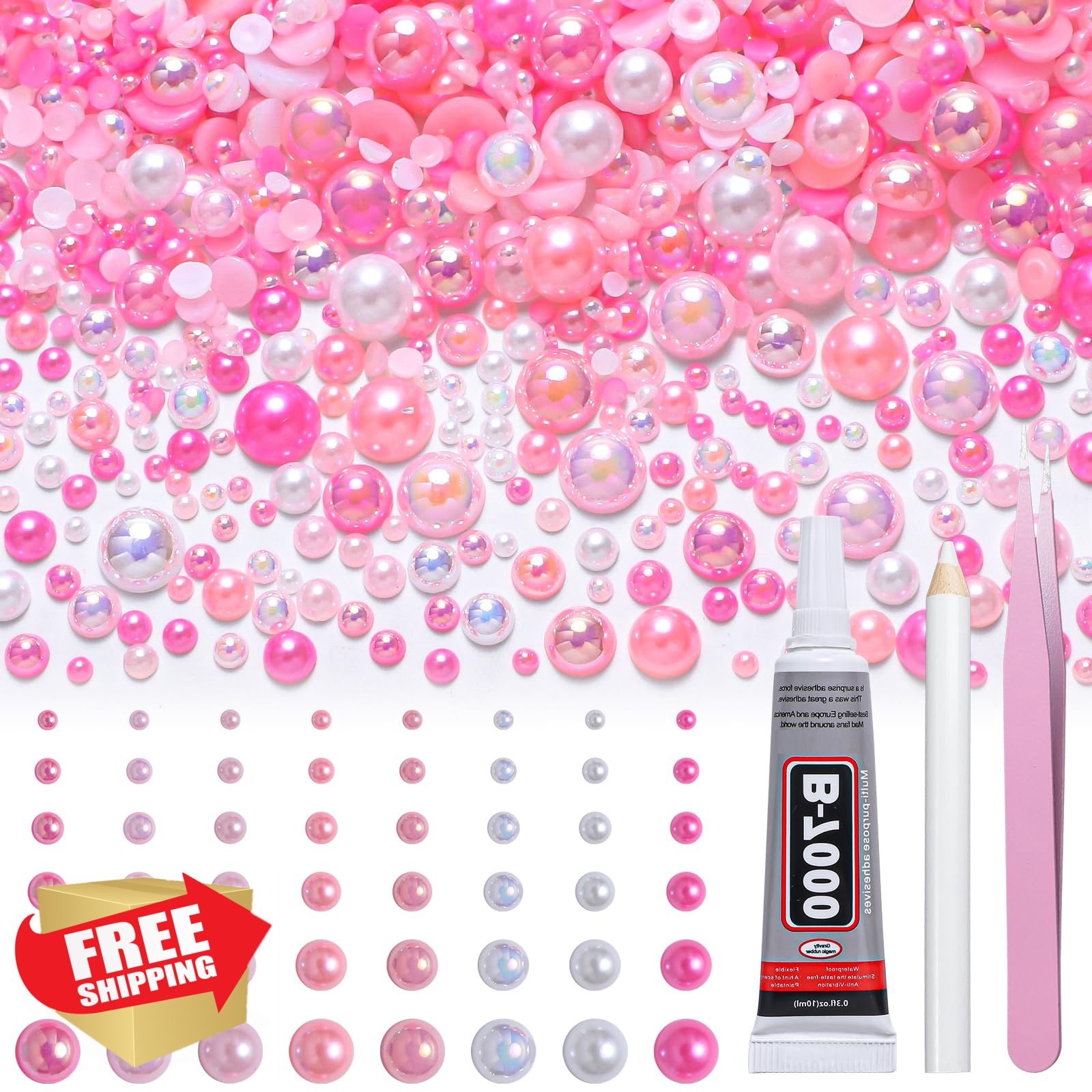 Flatback Pearls for Crafts, Mixed Pink White Nail Gems 3-10mm
