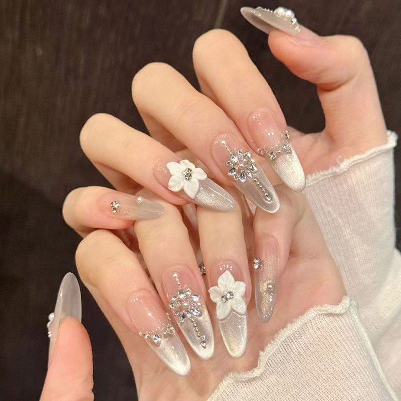 30pcs Cat Eye Press On Nails Long Almond False Nails 3D Crystal Flower