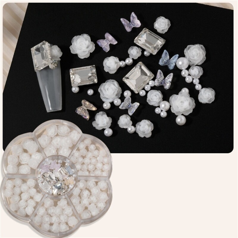 Crystal Rhinestones Pearls Beads 3D Flowers Nails Art Gift