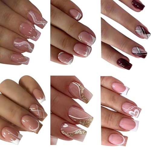 144 Pcs Press on Nails Medium Square Fake Nails with Designs Glitter style8
