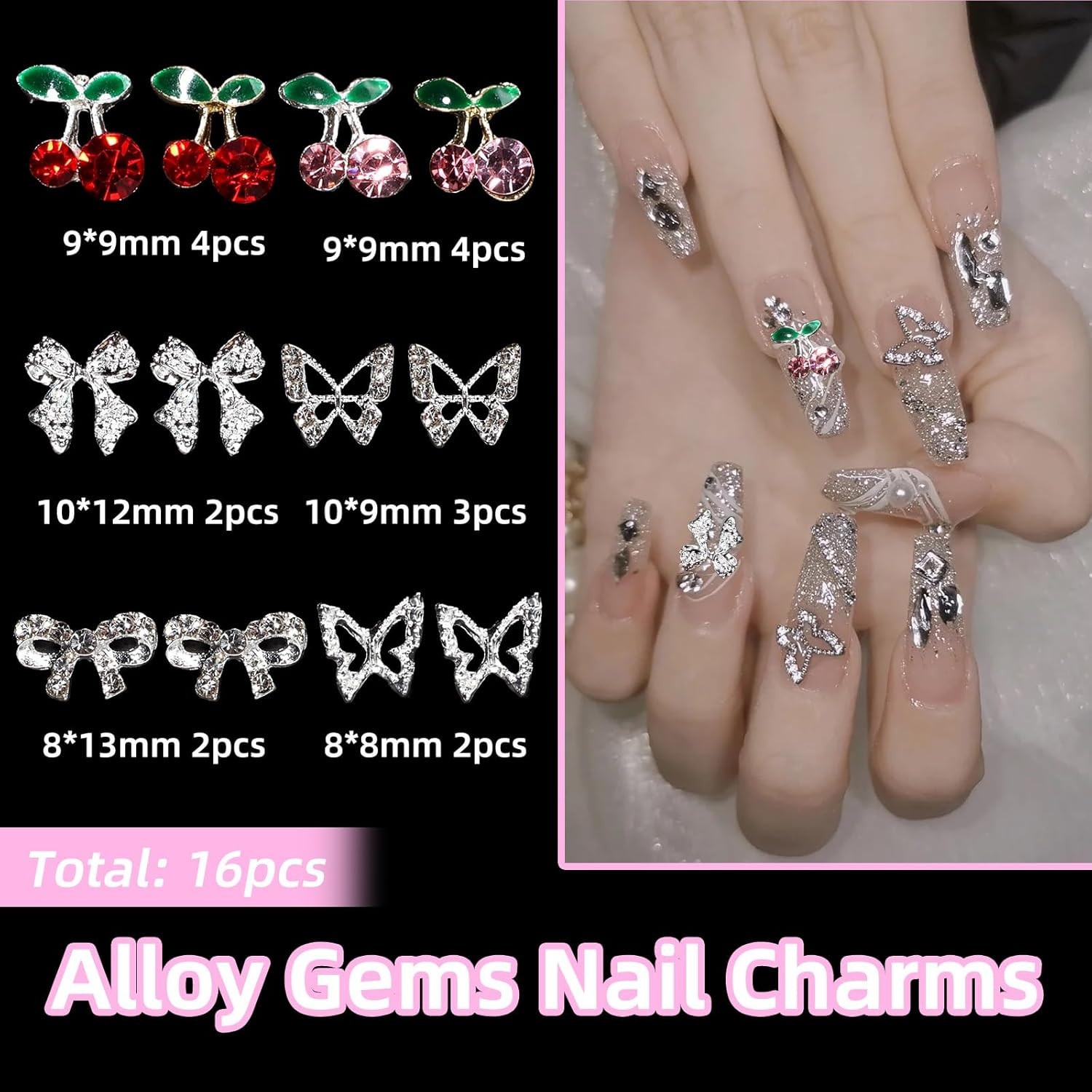 3D Bows Nail Charms, Pink Color White Red Black Bows Flowers Pearls Nail Charms,
