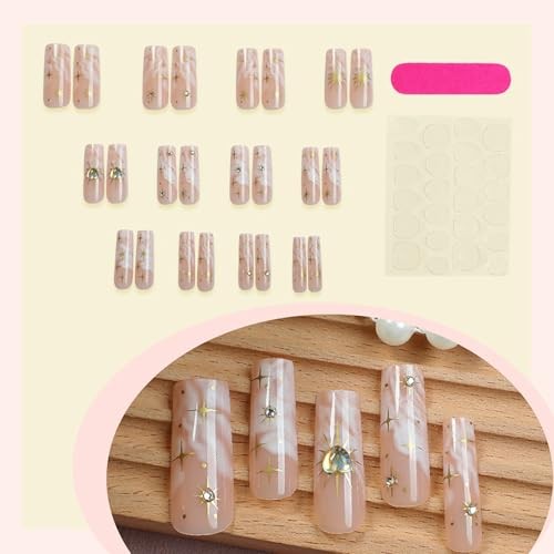 Press on Nails Coffin Long Length Acrylic Glossy Full Cover Star and Heart Gems