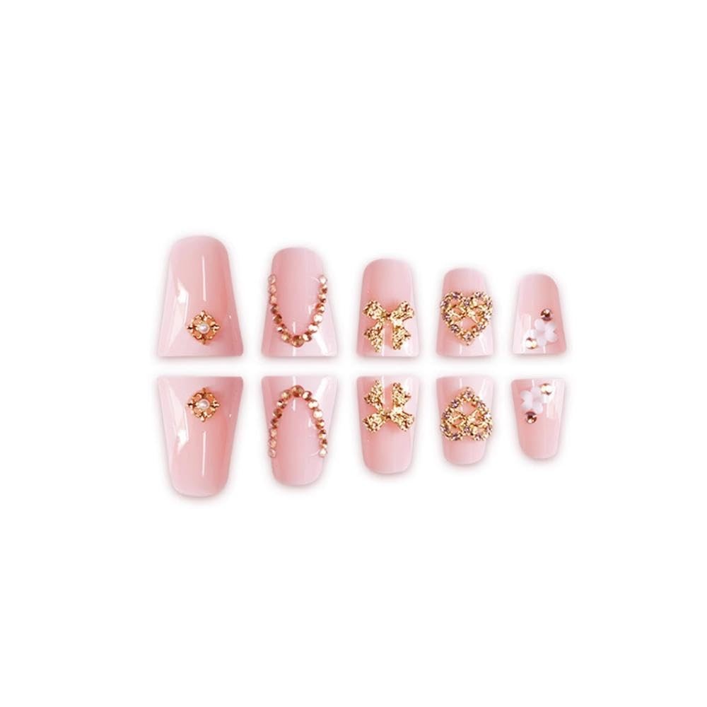 White French Tips Press on Nails Medium Duck False Nails with Gold Heart Bow …