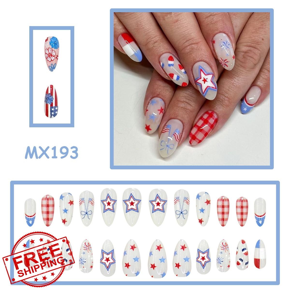 Rdntbeu 4th July Almond Press on Nails Style-31