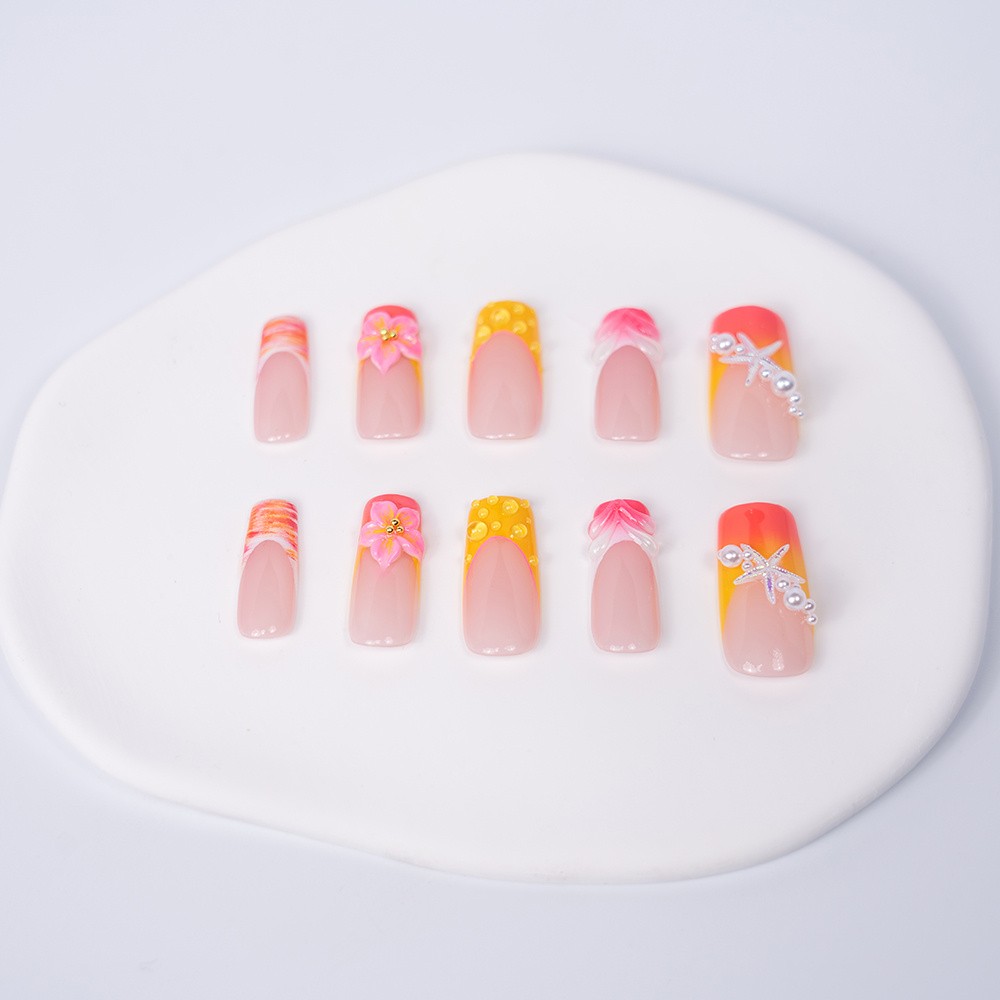 Handmade Square Press On Nails Floral Orange Pink Gradient Press On Nails S-L