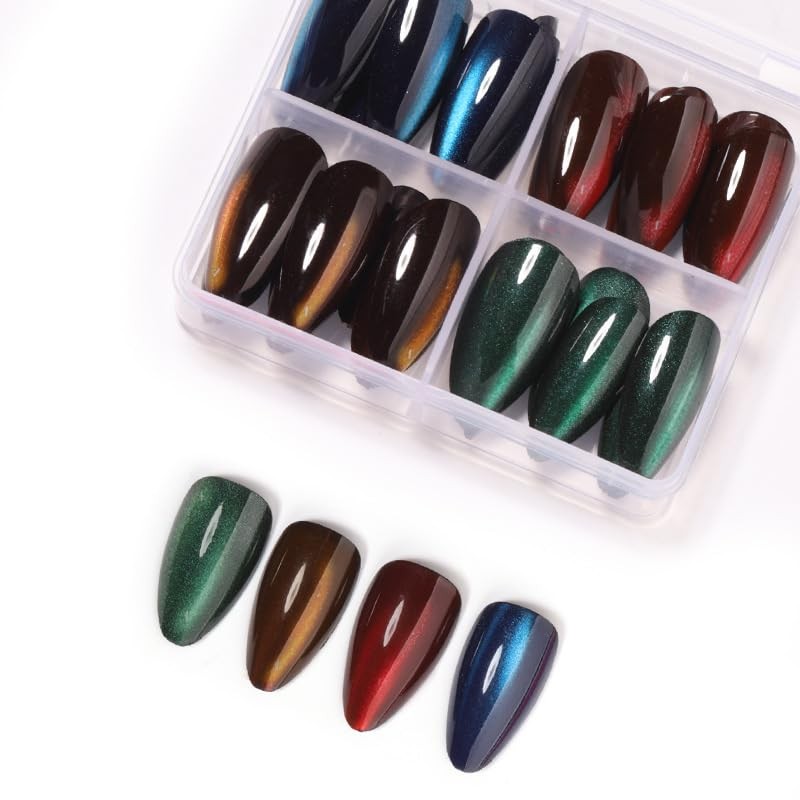 4Packs 96Pcs Cat Eye Press on Nails Almond Fake Nails Glossy Medium Style 9