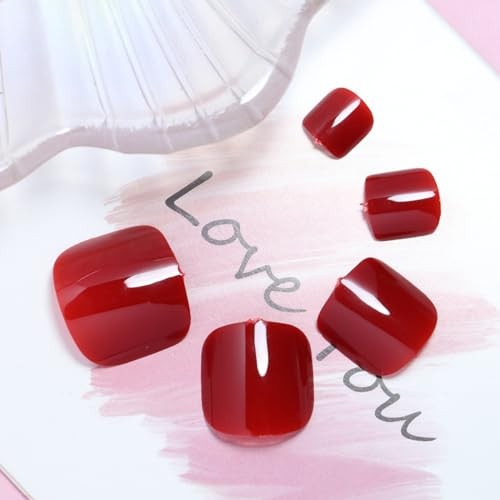 Wine Red Press on Toenails Short Square QUNQINLI Fake Toe Nails Design A12
