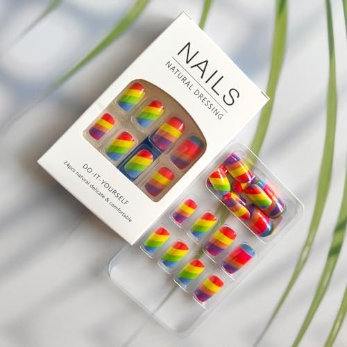 Rainbow Press on Nails Medium Square Fake Nails with Colorful Stripes Style 7