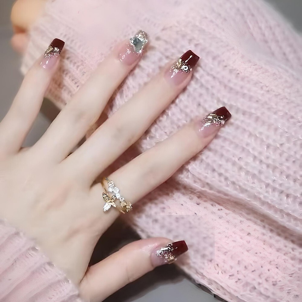 Trendy UV Gel – Burgundy French Style Crushing Rhinestone Bridal Nail Patch Set