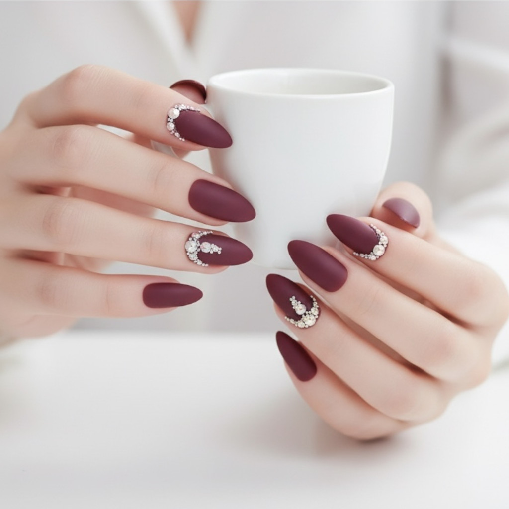 Diamond Red Burgundy 3D Crystal Design Matte Stiletto Long Press On Nails Set
