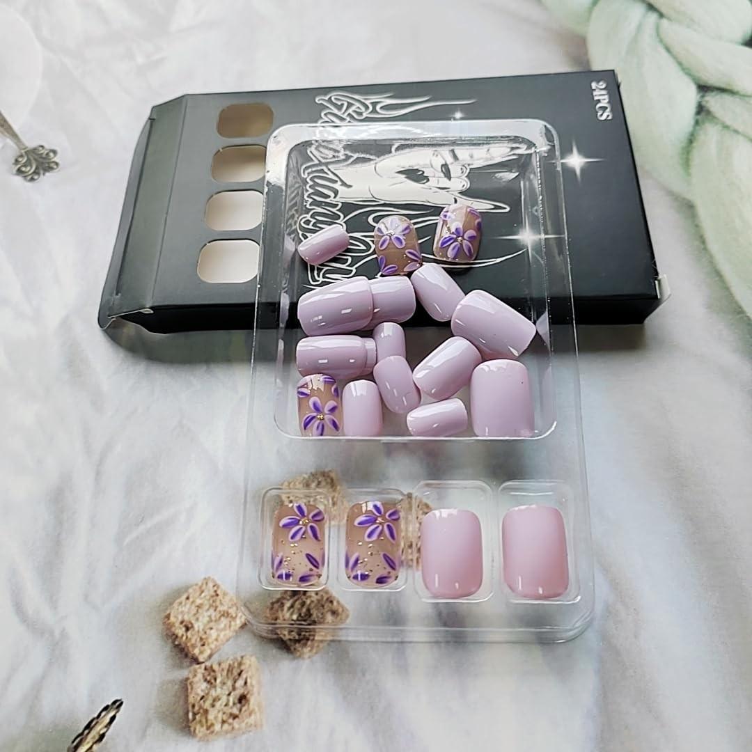 24 Pcs Mauve Press On Nails Short Square,Spring Flowers Fake Nails Press ons …
