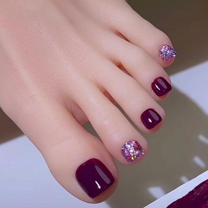 48pcs-Plum Purple Nails, Press on Toenails with Sparkly Pink Glitter Details