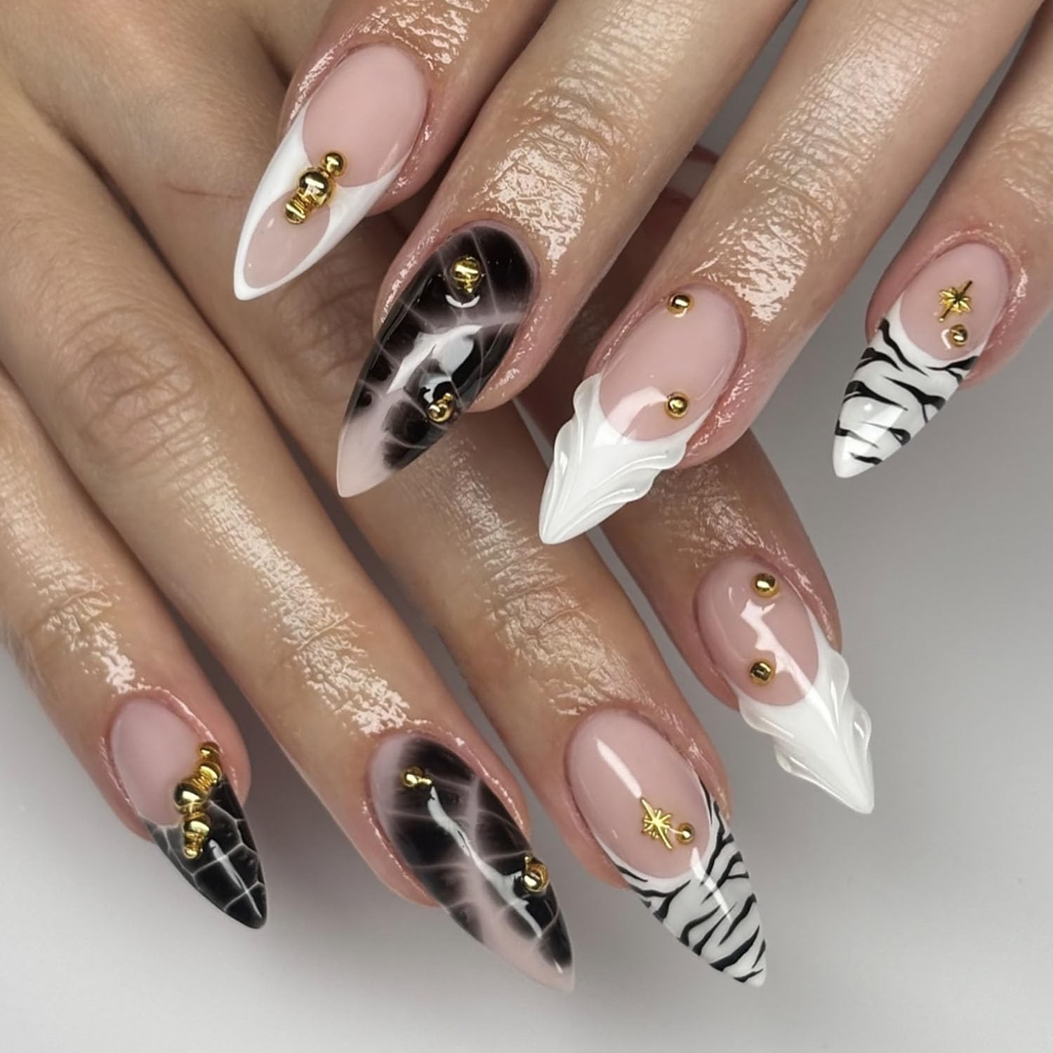 Press on Almond Nails Medium Length Glossy Full Cover Acrylic Almond Shaped F…
