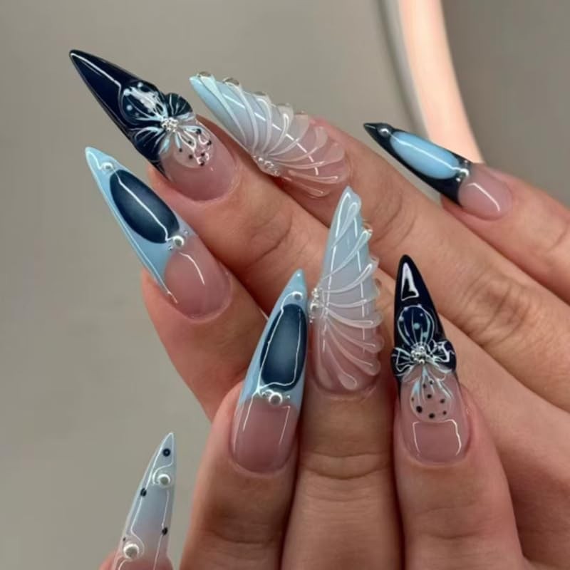 24Pcs Summer Ocean Shells Press on Nails Medium Almond Fake Nails Pink Blue O…