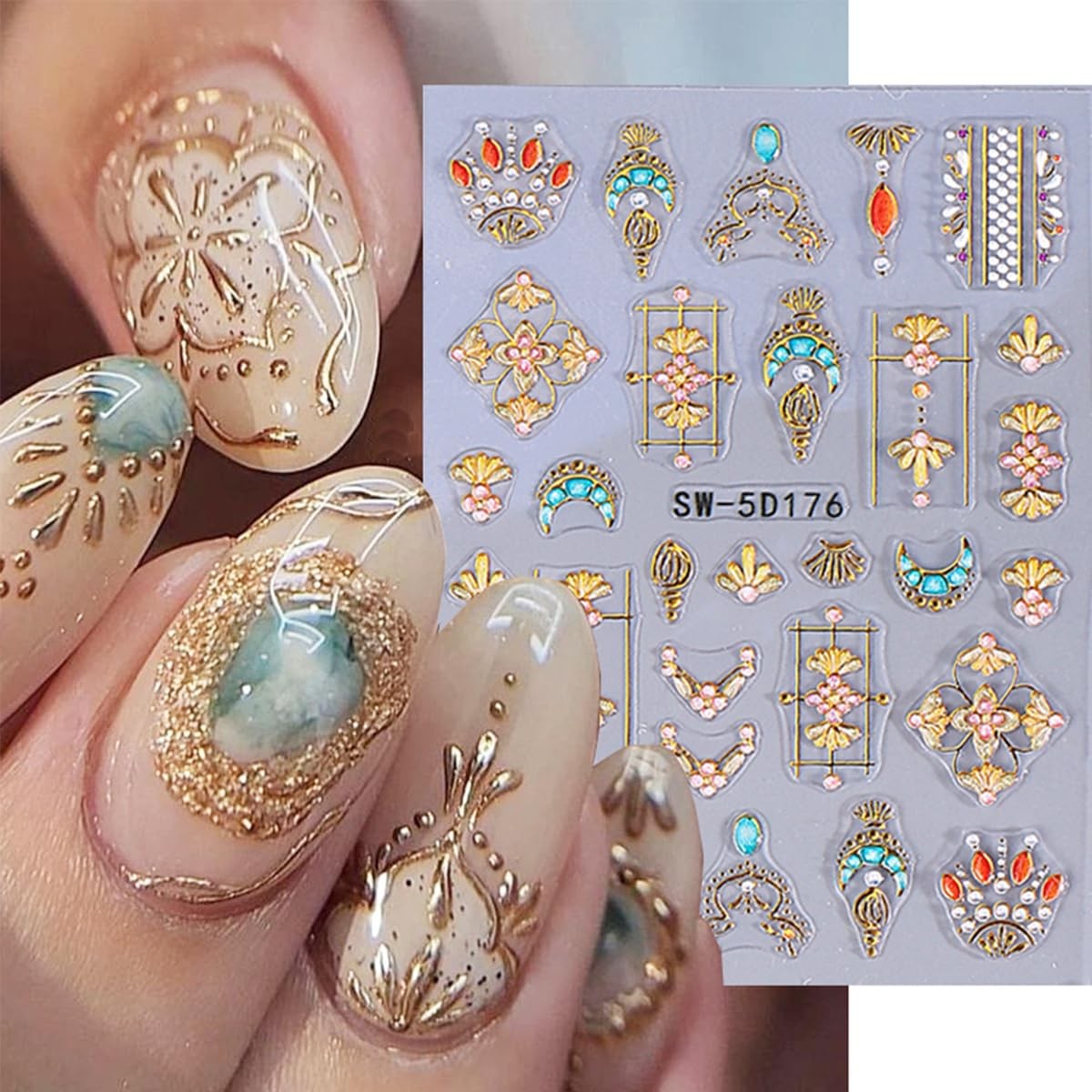 2 Sheets Embossed Sun Star Nail Stickers Bohemian Style Gold Nail Decals Sun …