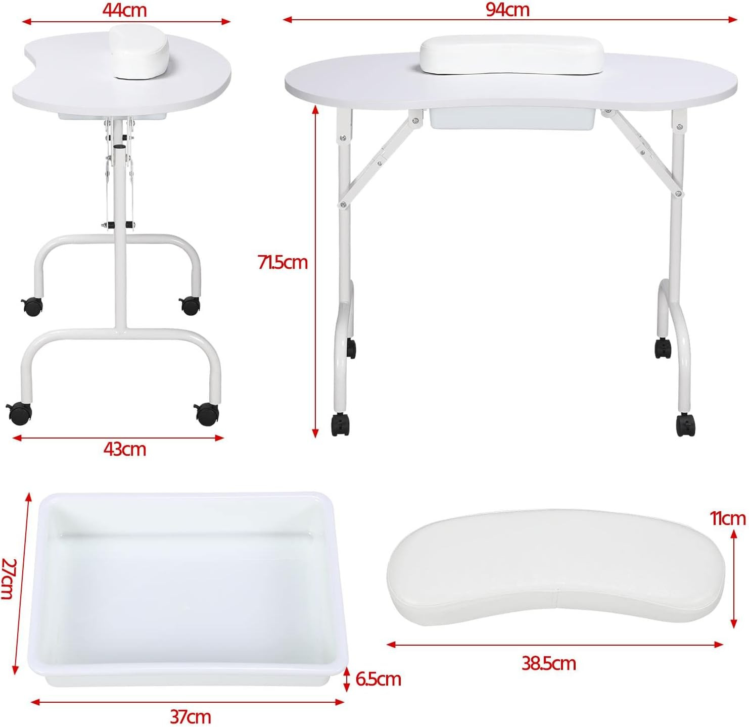 37″ Foldable Manicure Nail Table Portable with Wheels, White | MDF Tabletop & Ir