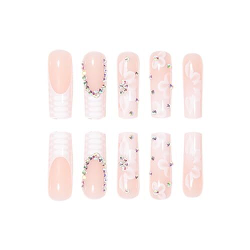 24Pcs Very Long Press on Nails Square Fake Nails Glossy Nude False Nails A7