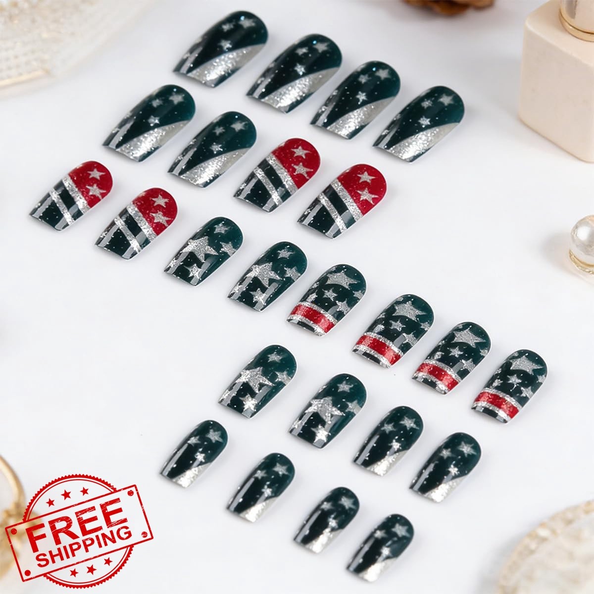 LFAAYYF Style8 Red White Blue Glitter French Tip Nails